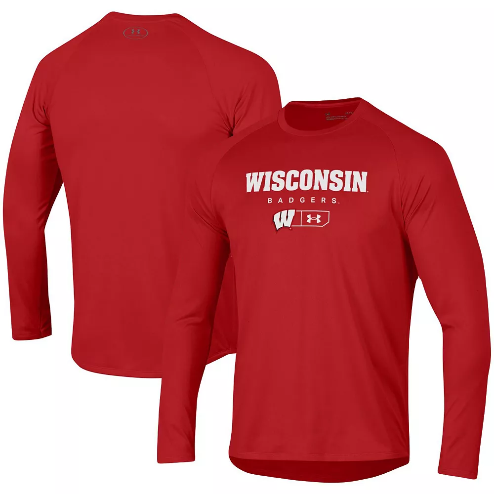 Men's Under Armour Red Wisconsin Badgers Lockup Tech Raglan Long Sleeve T-Shirt