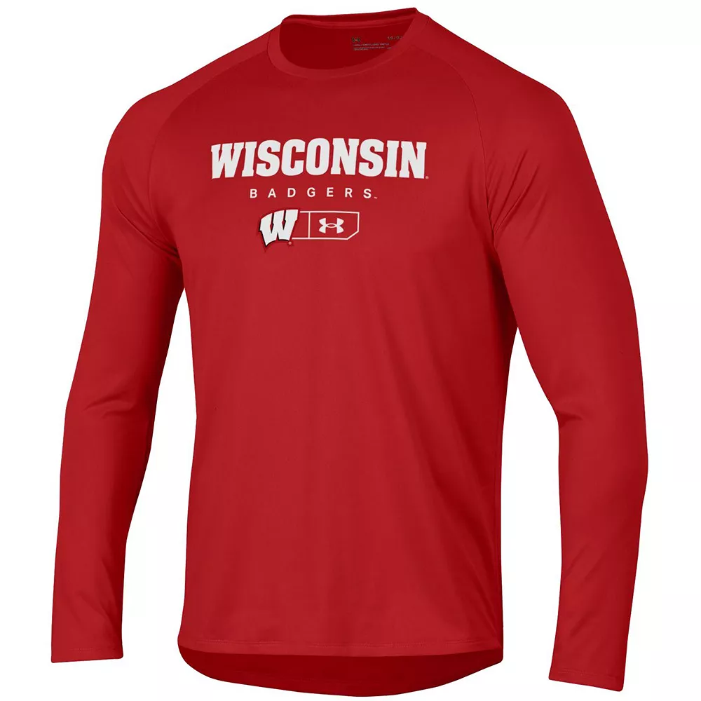 Men's Under Armour Red Wisconsin Badgers Lockup Tech Raglan Long Sleeve T-Shirt - Image 2
